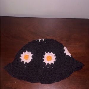 SHEIN Black and White Crochet Hat with Floral Design